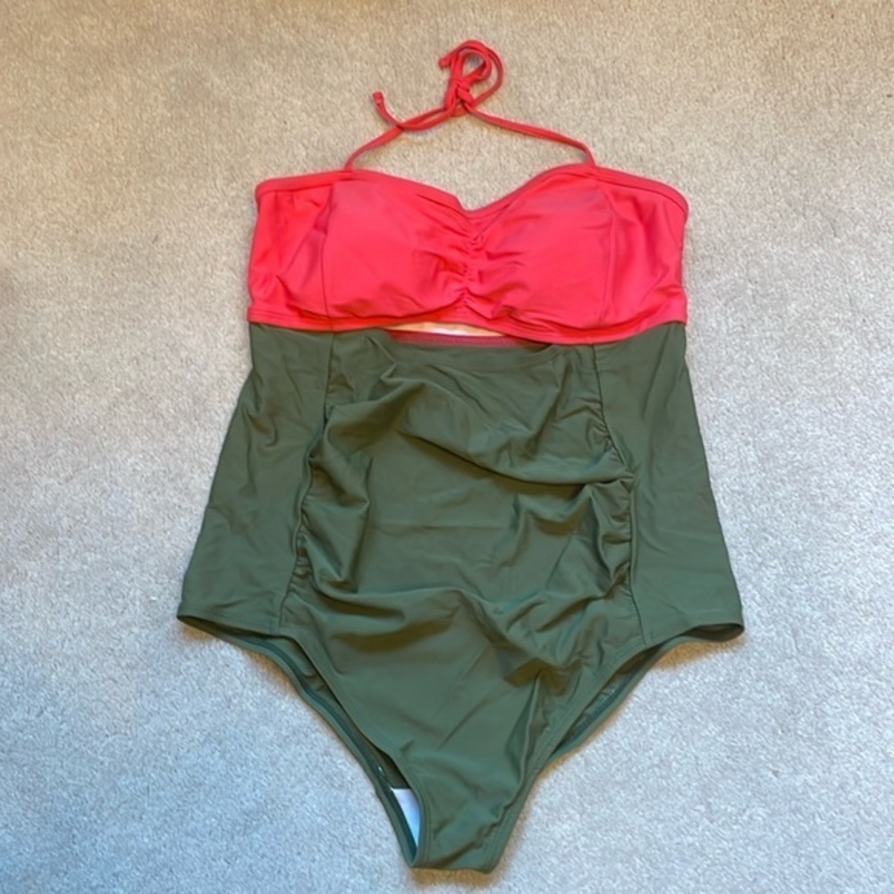Motherhood, maternity, Olive and pink one piece with keyhole, cut out under bust